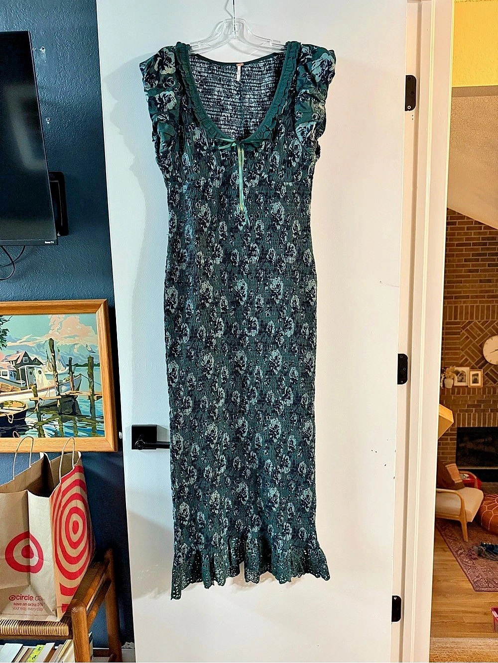 Free People McKenna Dobby Smocked Midi Dress Green & Black